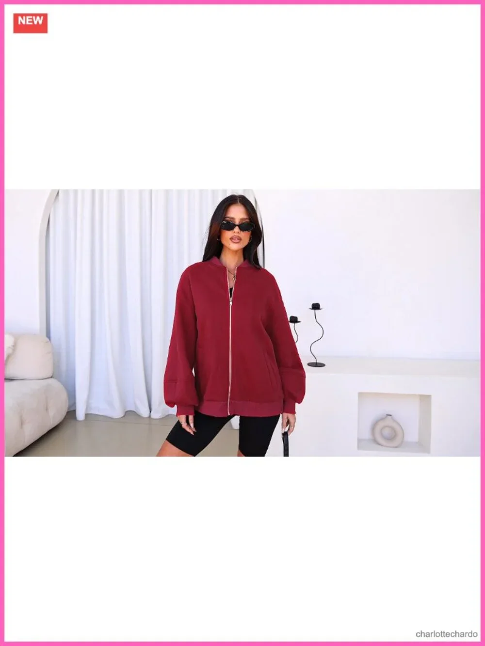 Oversized Zip Up Bomber Jacket Women Fleece Lined Sweatshirt with Pockets